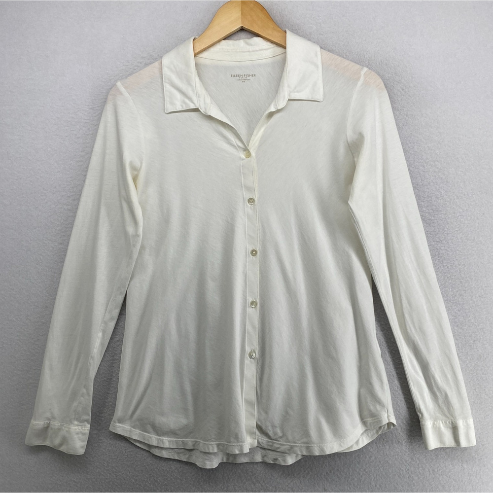 EILEEN FISHER Top PM Organic Cotton Jersey Layering Shirt Long Sleeve Off White